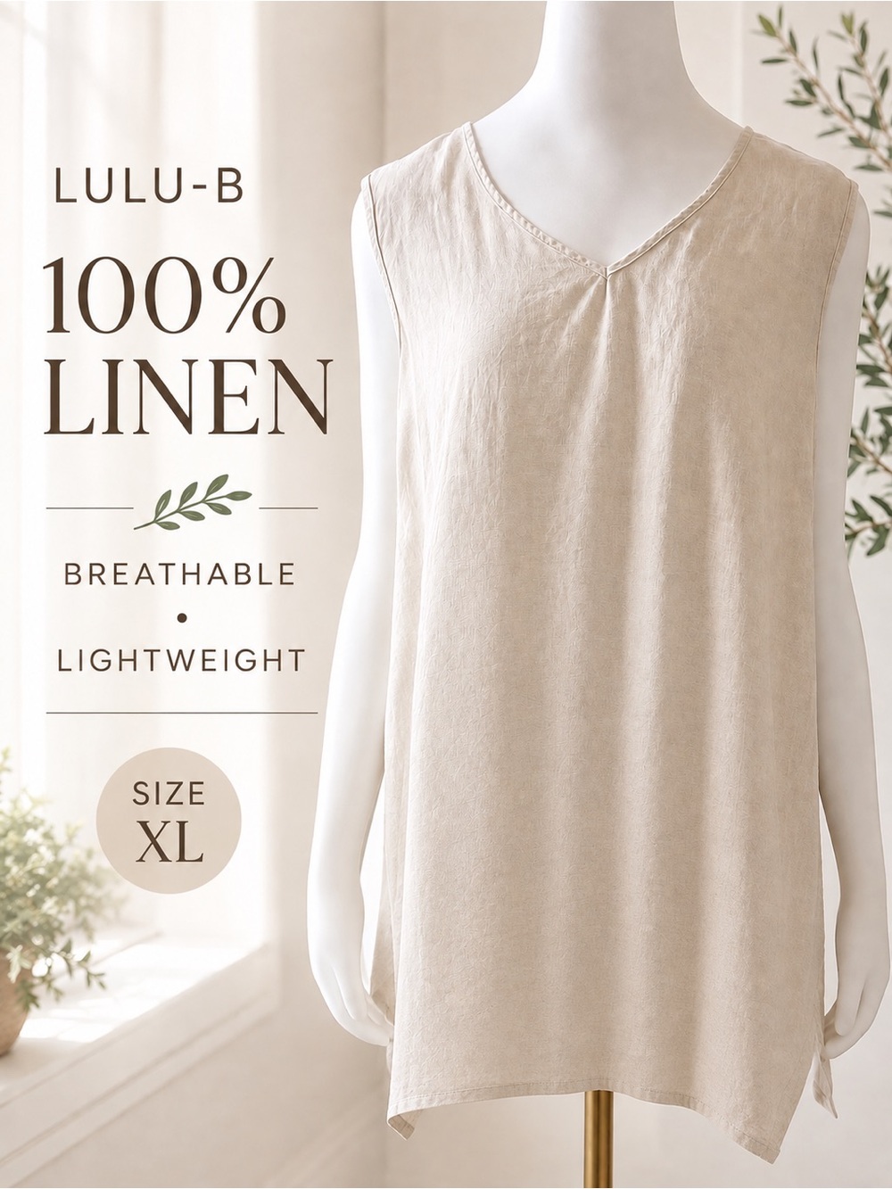 Lulu-B 100% Linen Sleeveless Tunic Top | Natural Oatmeal | XL